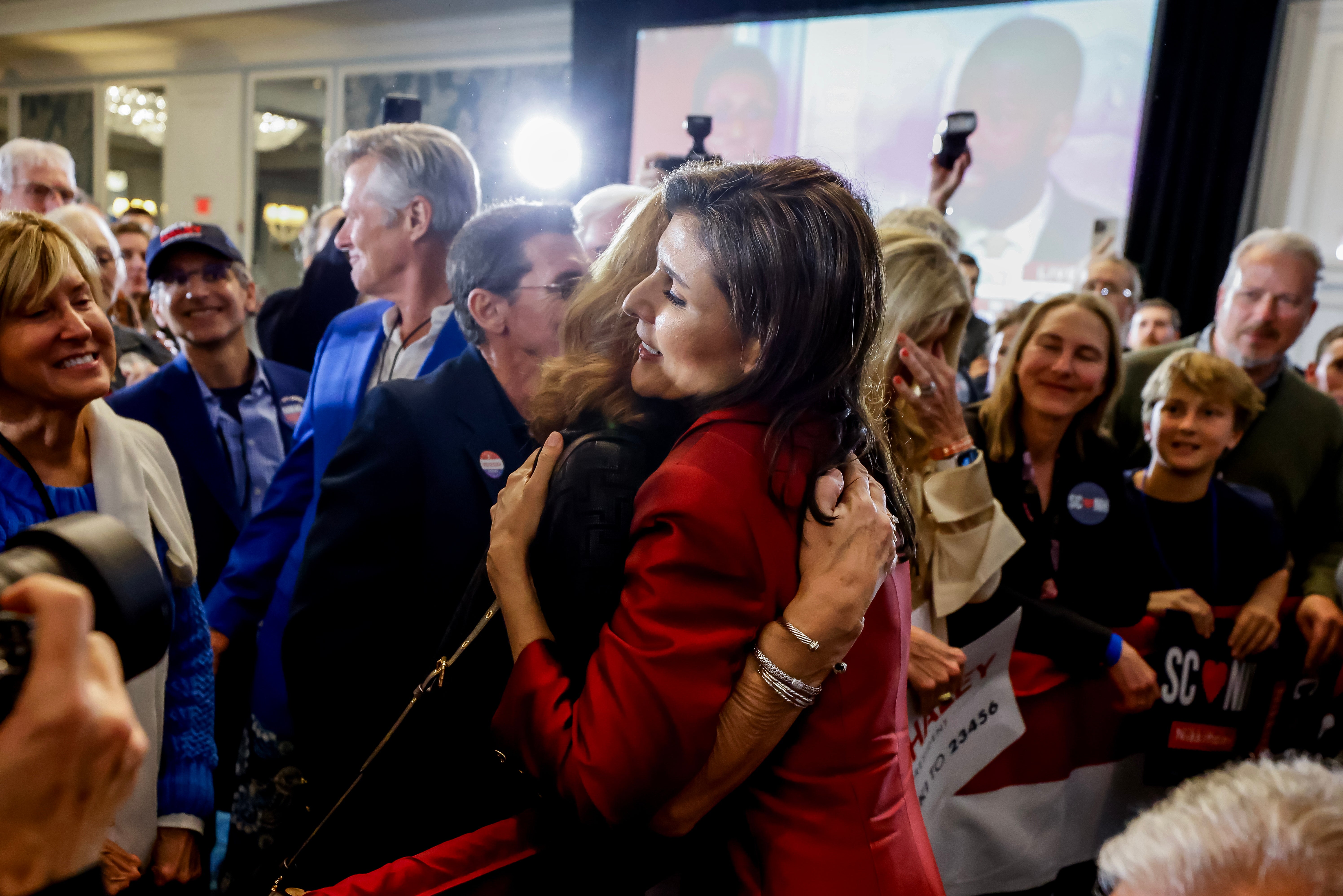 <p> Republican US presidential candidate Nikki Haley is greeted by supporters after speaking at a South Carolina Republican presidential Primary night event in Charleston, South Carolina, USA, 24 February 2024</p>