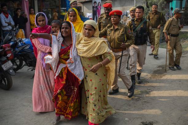 People react after police arrested their relatives allegedly involved in child marriages, during the Assam government’s statewide crackdown on child marriages, near Mayong police station in the Morigaon district of Assam on 4 February 2023
