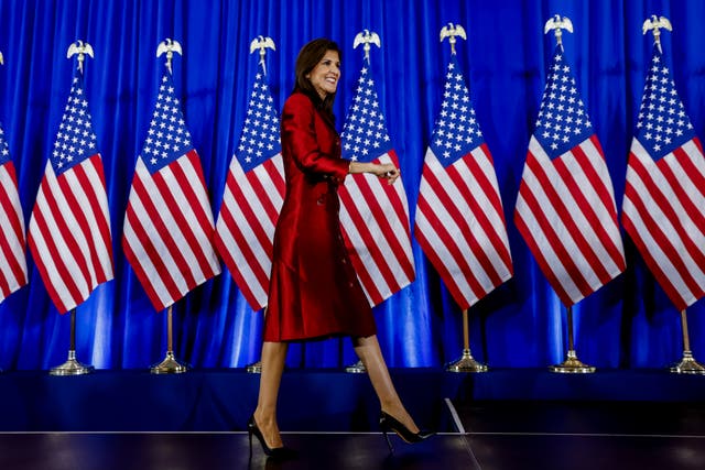 <p>Presidential candidate Nikki Haley greets supporters during a South Carolina Republican Presidential Primary night event in Charleston</p>