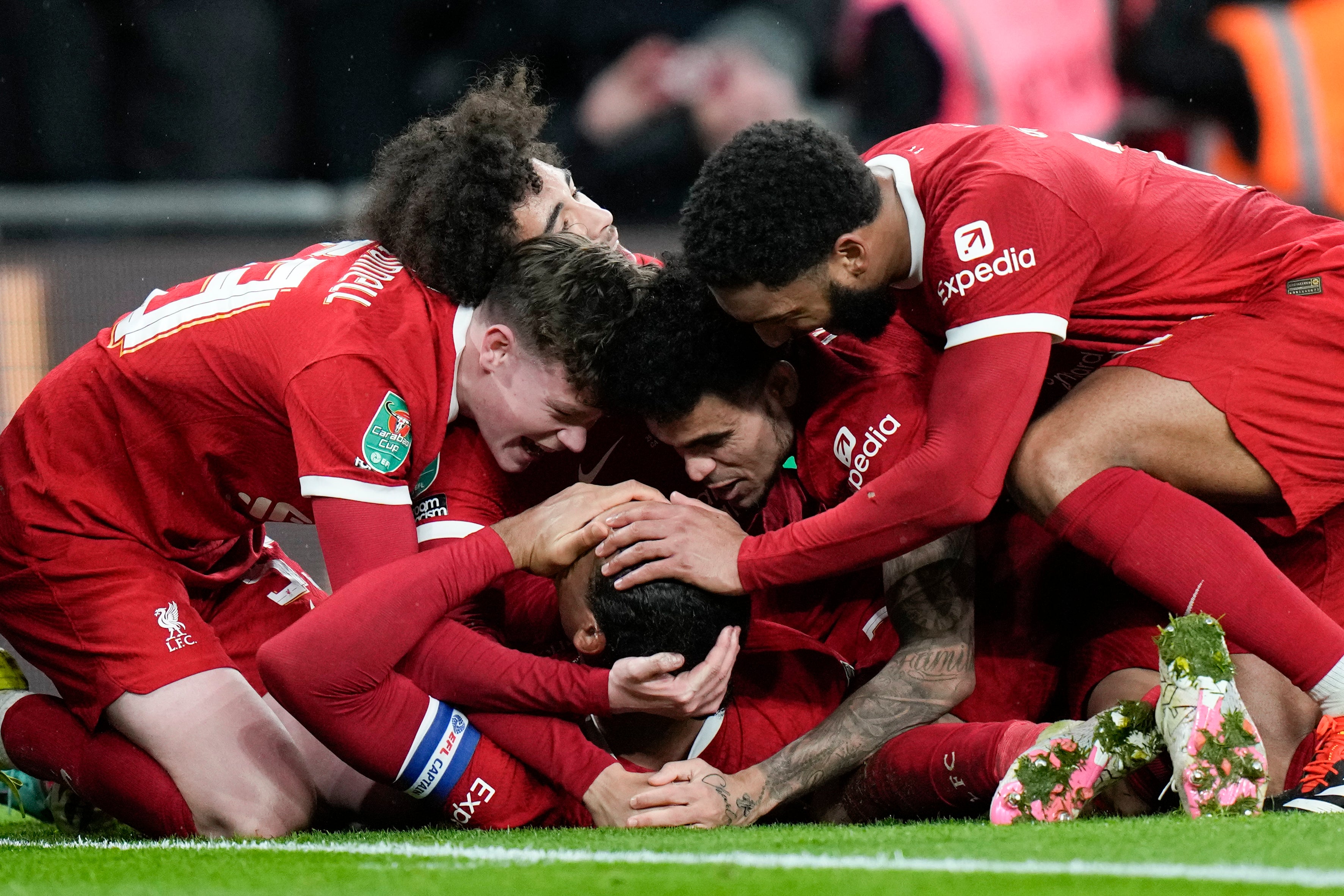 Van Dijk celebrated his goal surrounded by Liverpool’s triumphant youngsters