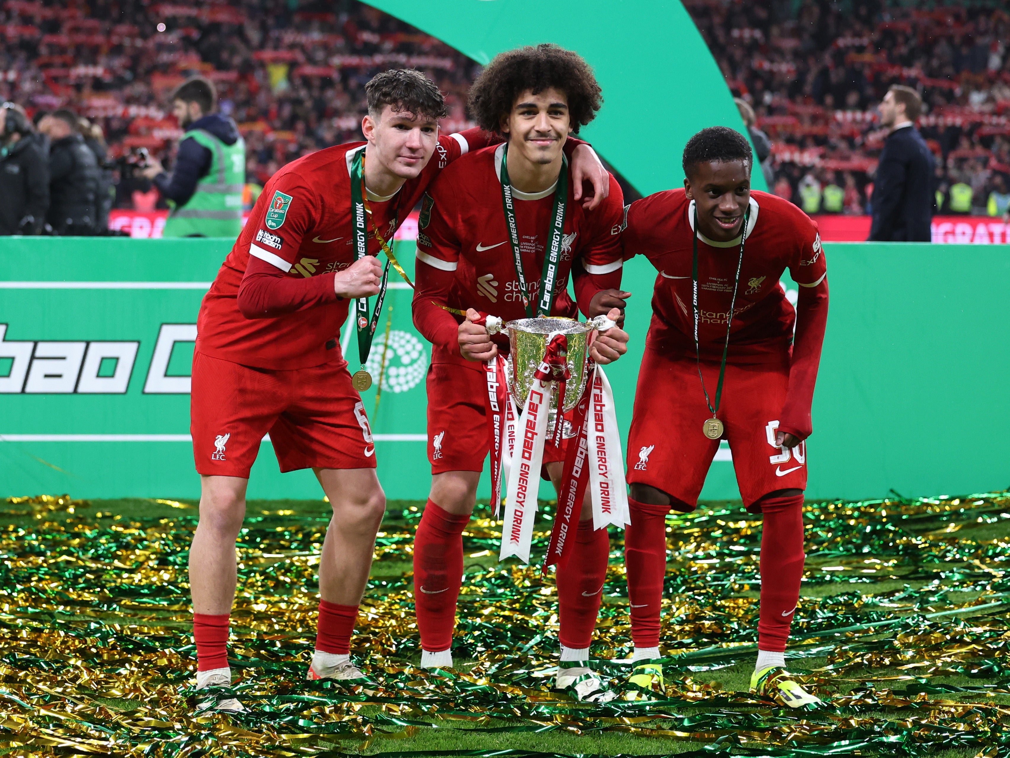 Jayden Danns (centre) came off the bench in Liverpool’s win