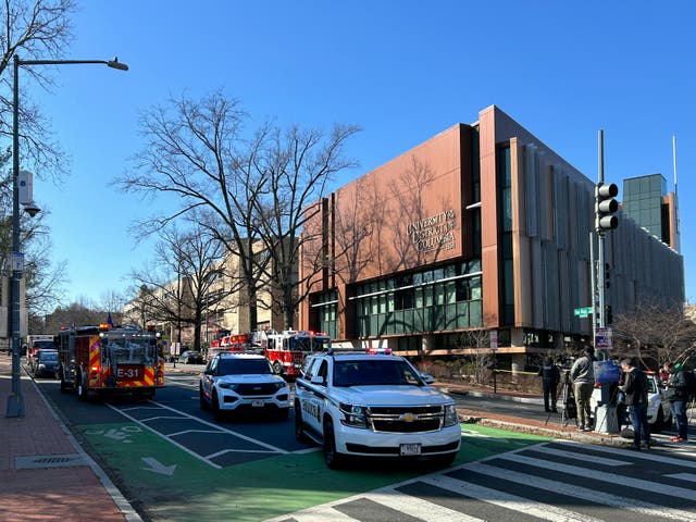 <p>US Secret Service vehicles block access to a street leading to the Embassy of Israel in Washington, DC on February 25, 2024. A man reportedly set  himself on fire near the embassy on Sunday afternoon</p>
