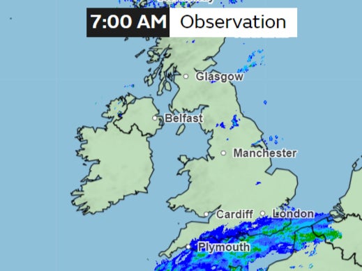By 7am, fewer clouds can be seen over Southeastern England while Southwest remains under heavy rain alert