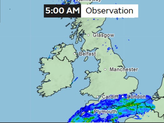 Early morning: Southern England will see heavy rains with areas in dark blue experiencing less than 0.5mm per hour drizzle, while regions in light blue and turquoise can see rainfall up to 0.5-1 and 1-2mm per hour. Some coastal areas in green can see heavy rain up to 4mm per hour