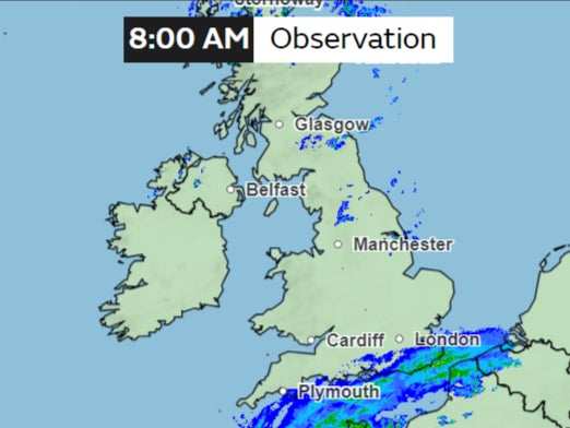 Around 8am, fewer areas remain under rain as clouds drift away from the UK