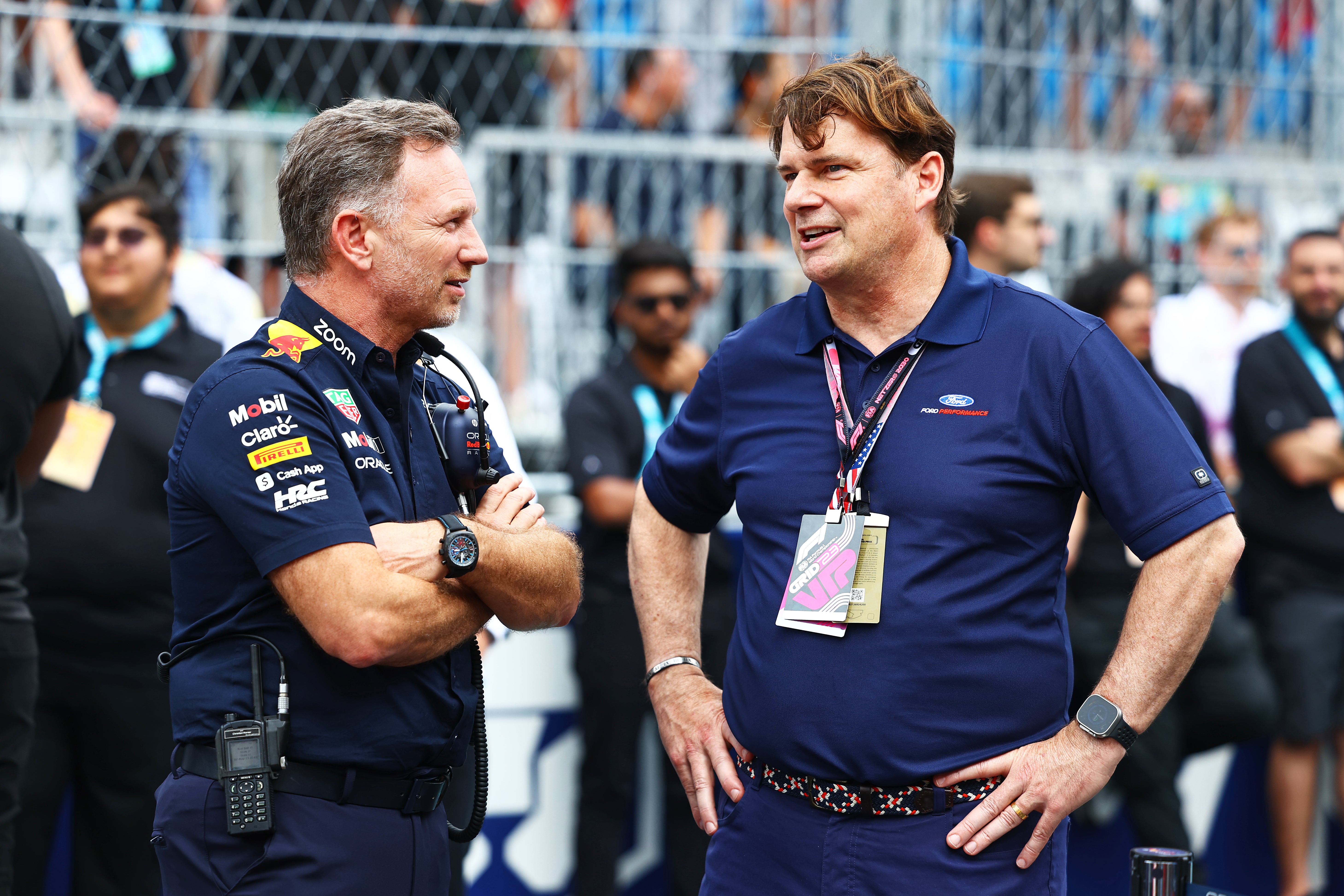 Horner talks with Jim Farley, CEO of Ford, at last year’s Miami Grand Prix