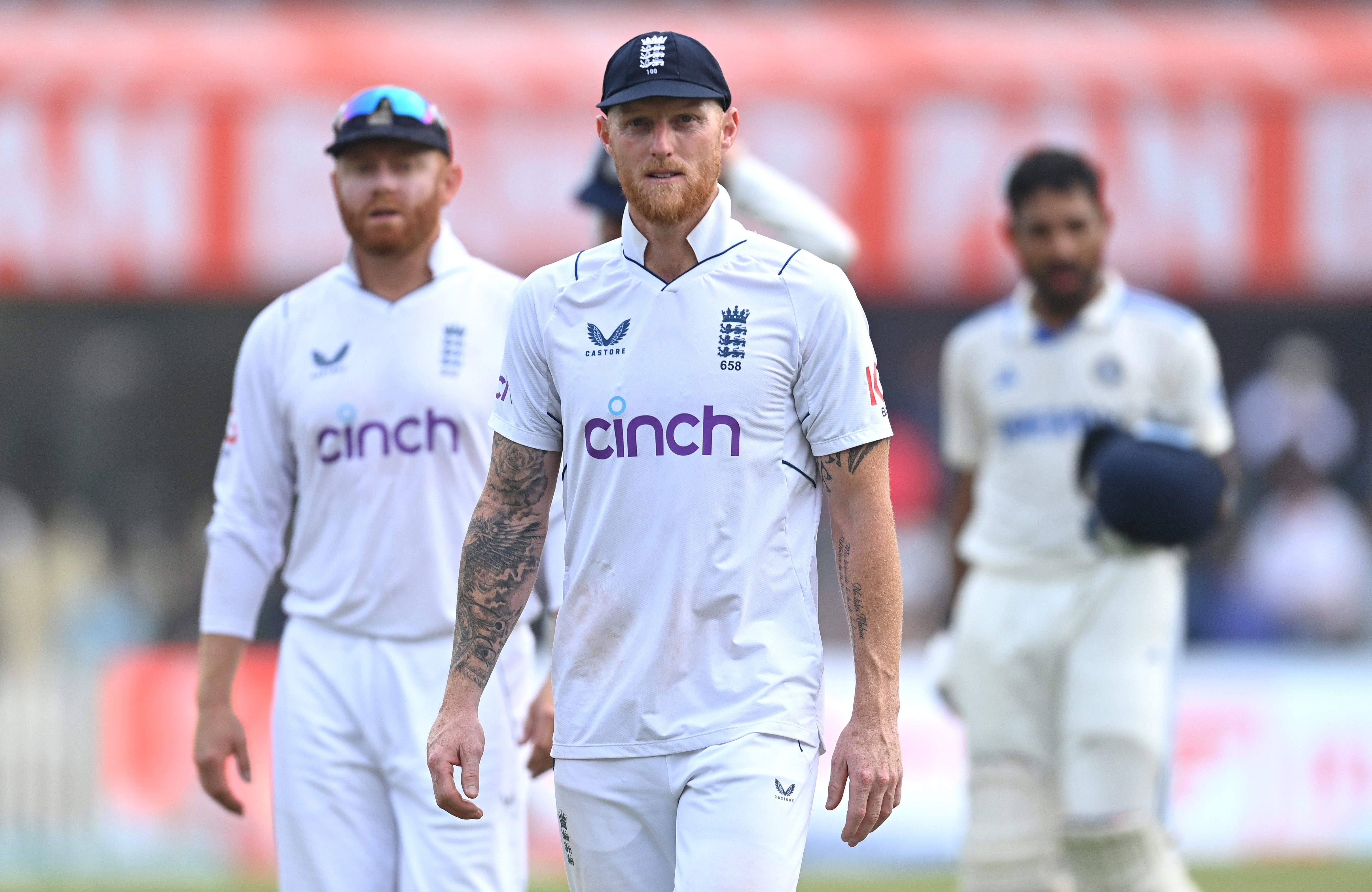 Ben Stokes leaves the field following defeat in Ranchi