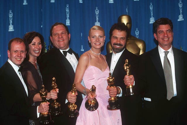 <p>Shakespearean scandal: The team behind 1998’s ‘Shakespeare in Love’ celebrate their wins at the 1999 Oscars</p>