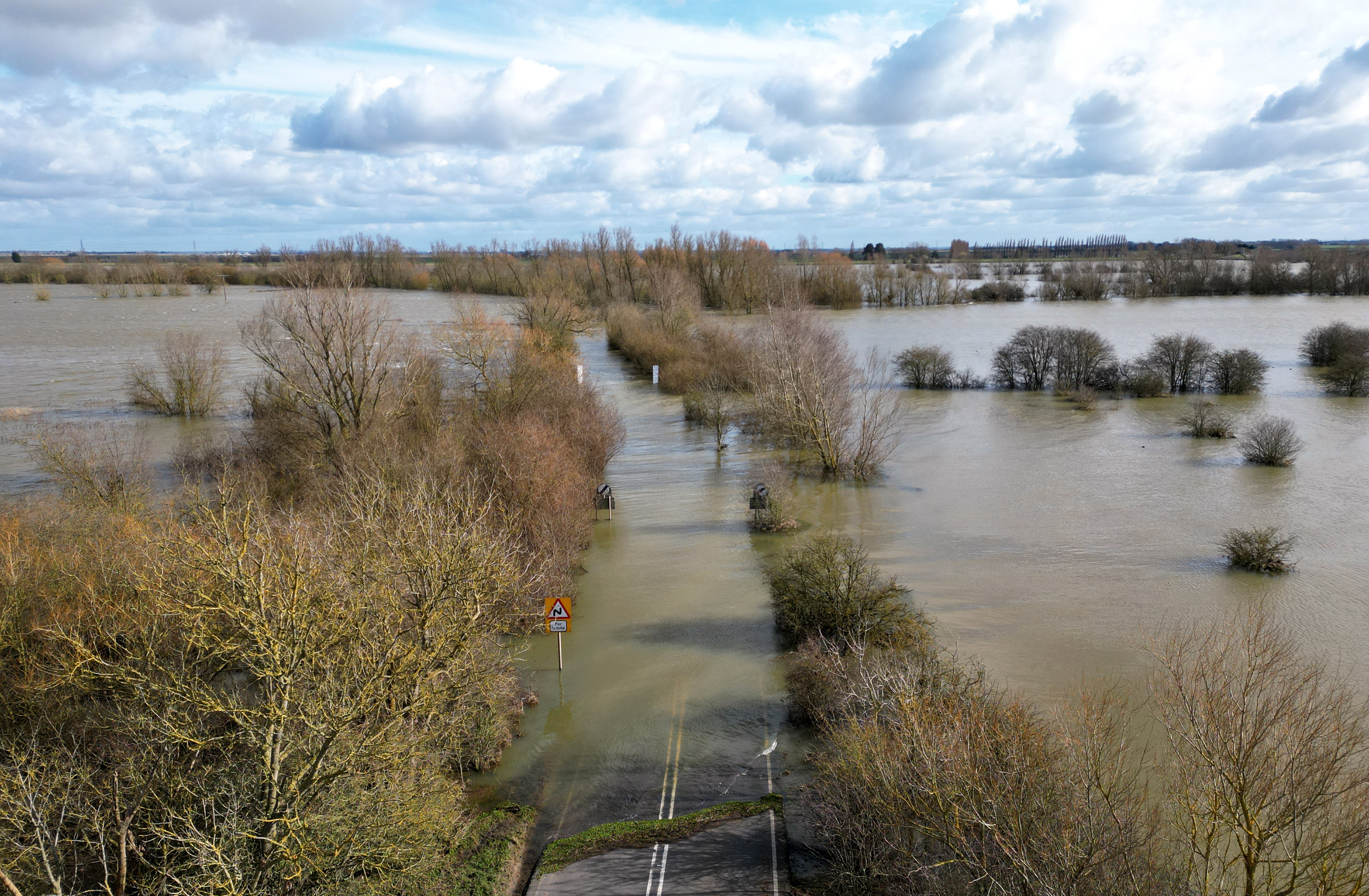 The flooded A1101 in Welney, Norfolk, in February