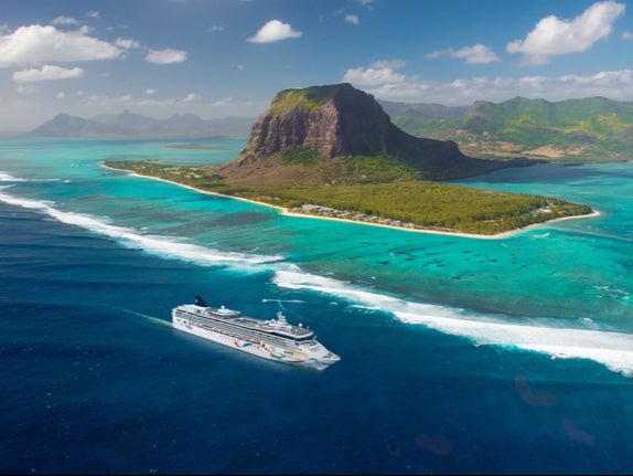 Sailing by: Norwegian Dawn off the coast of Mauritius