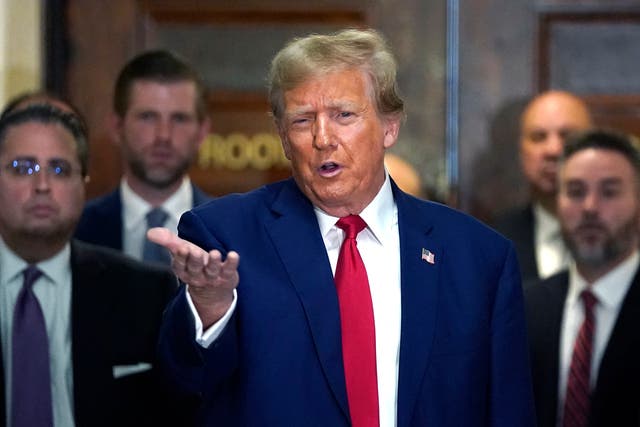 <p>Donald Trump appears inside New York County Supreme Court for the conclusion of his civil fraud on 11 January</p>