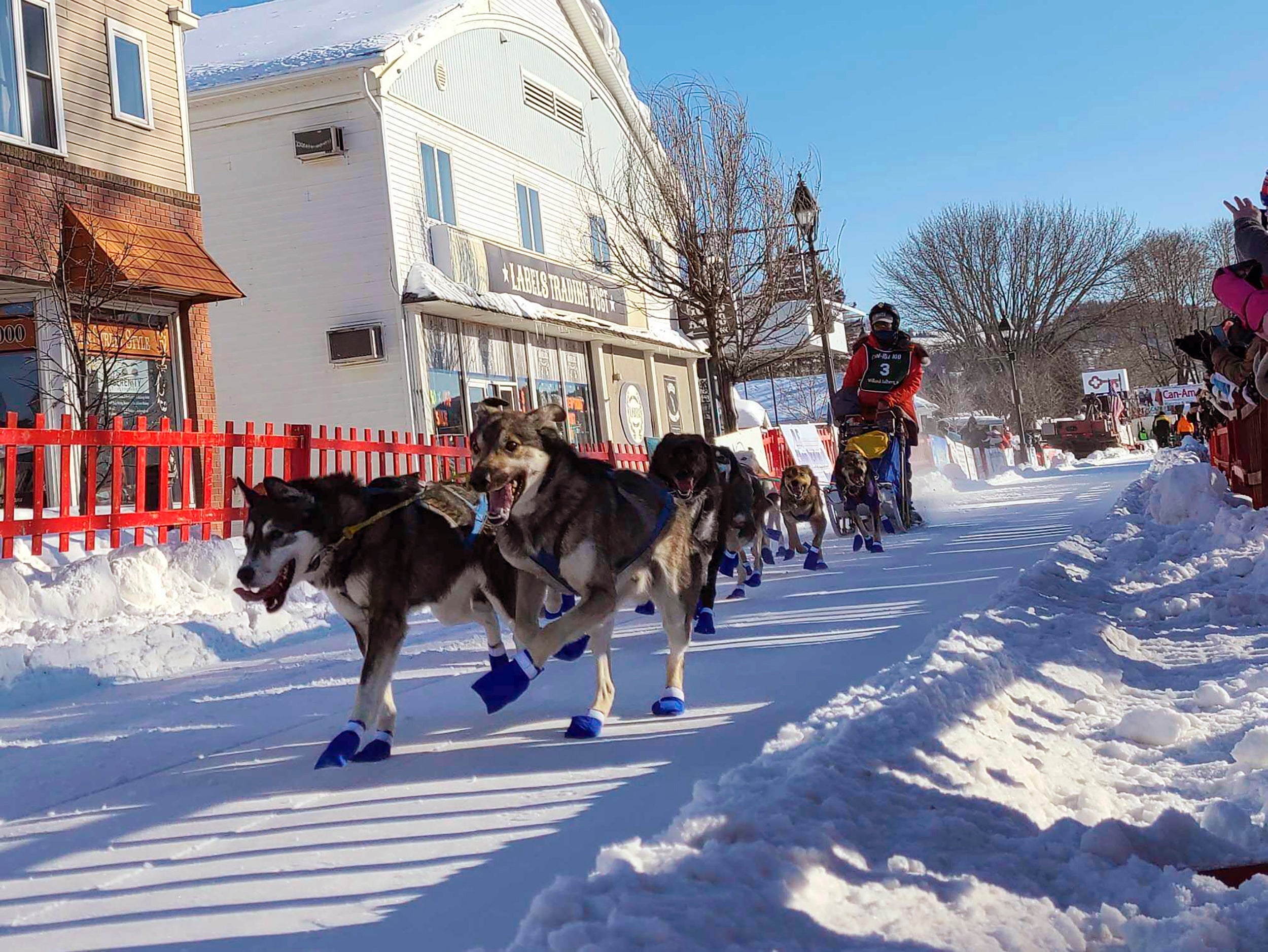 Patty Richards from Vermont takes off with her team of sled dogs at the start of the Can-Am 100