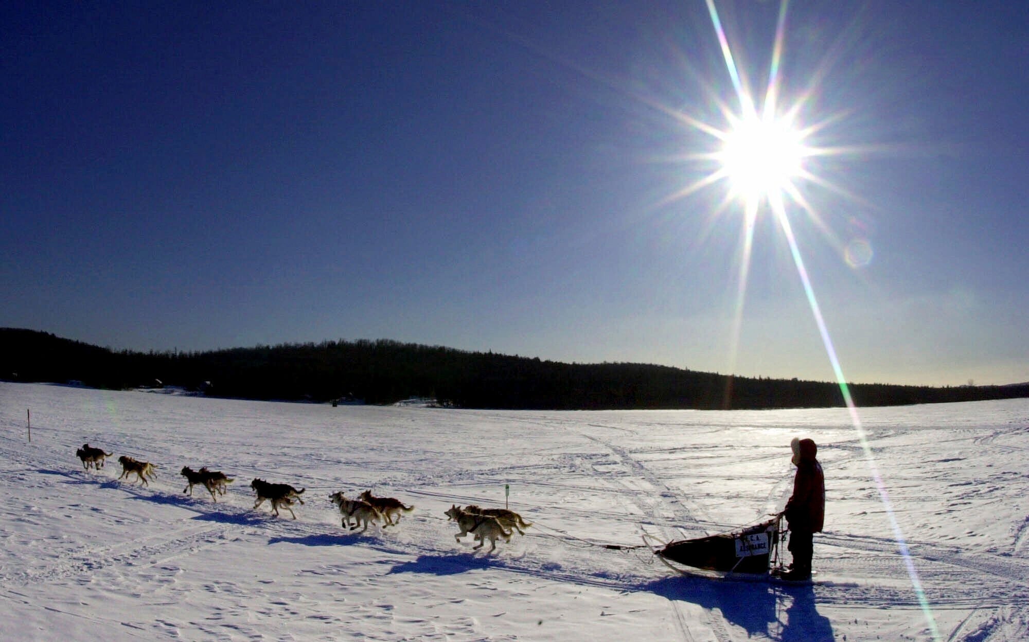 Musher Keith Aili and his sled dog team cross Portage Lake in Portage, Maine