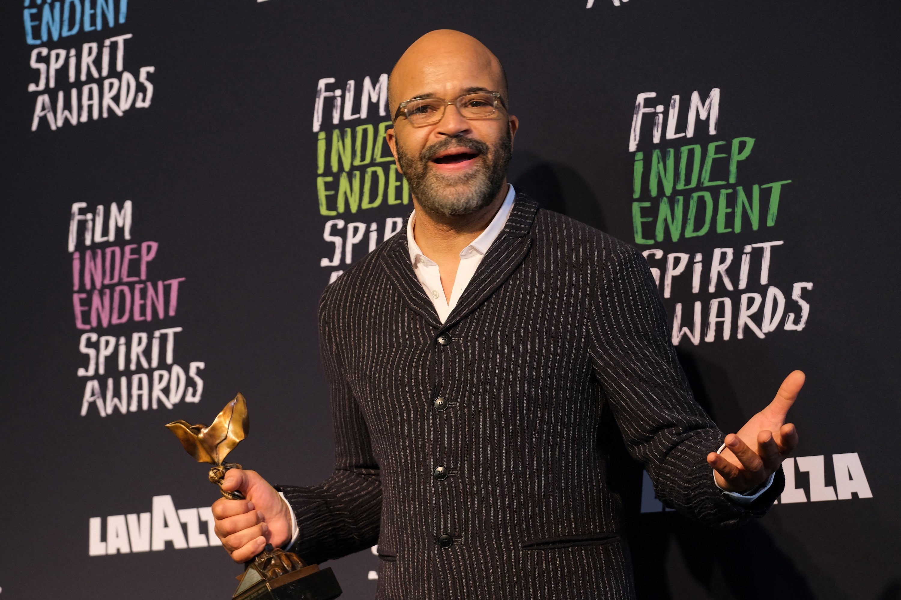 Jeffrey Wright holds the award for Best Lead Performance for ‘American Fiction’ during the Film Independent Spirit Awards 39th annual ceremony