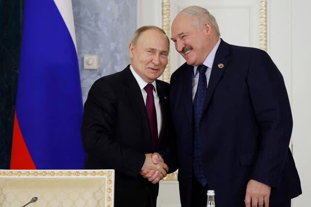 <p> Russia's President Vladimir Putin and Belarus' President Alexander Lukashenko attend a meeting of the Supreme State Council of the Union State of Russia and Belarus, in Saint Petersburg on January 29, 2024.</p>