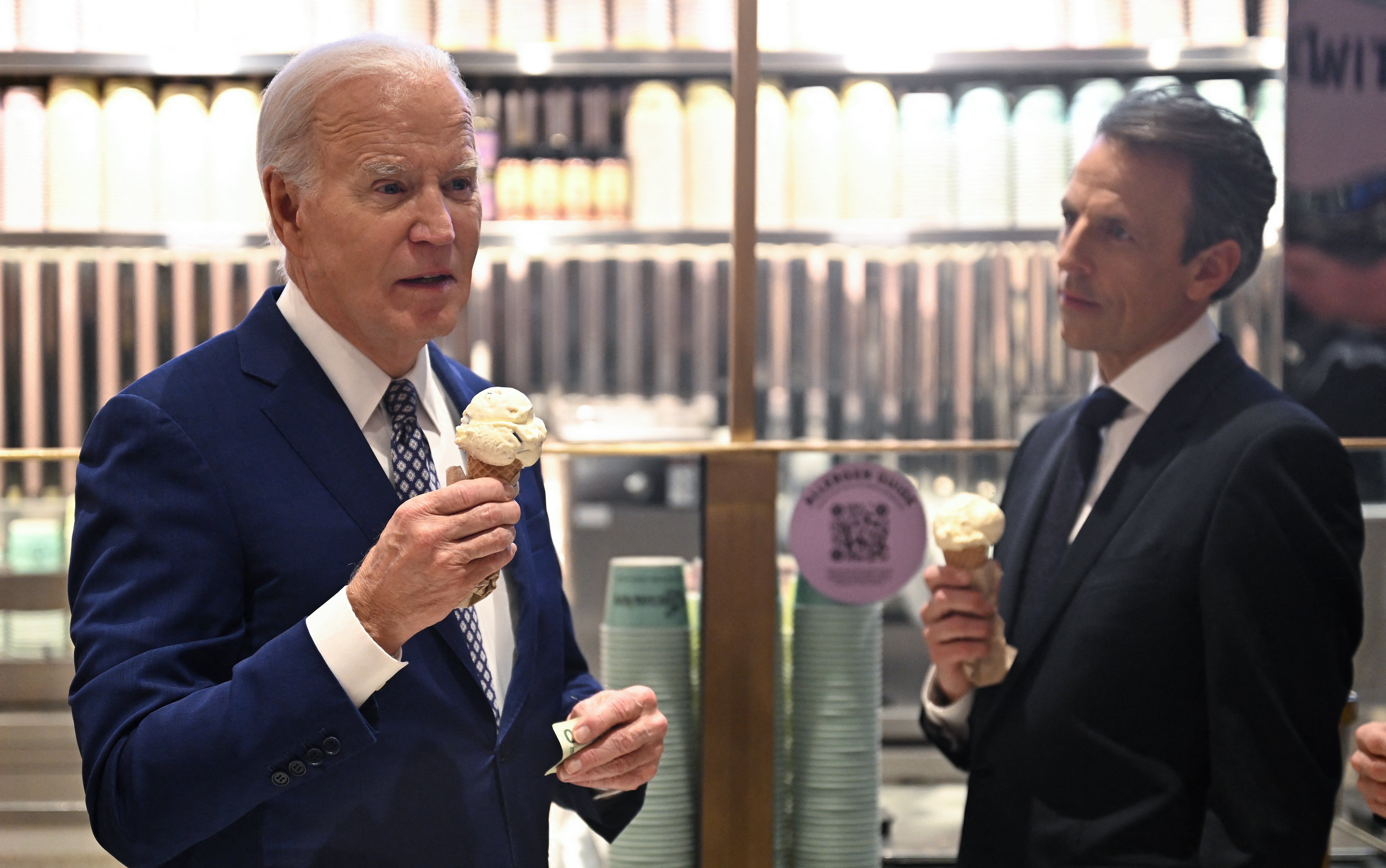 Joe Biden was questioned about a ceasefire while eating ice cream with Seth Meyers