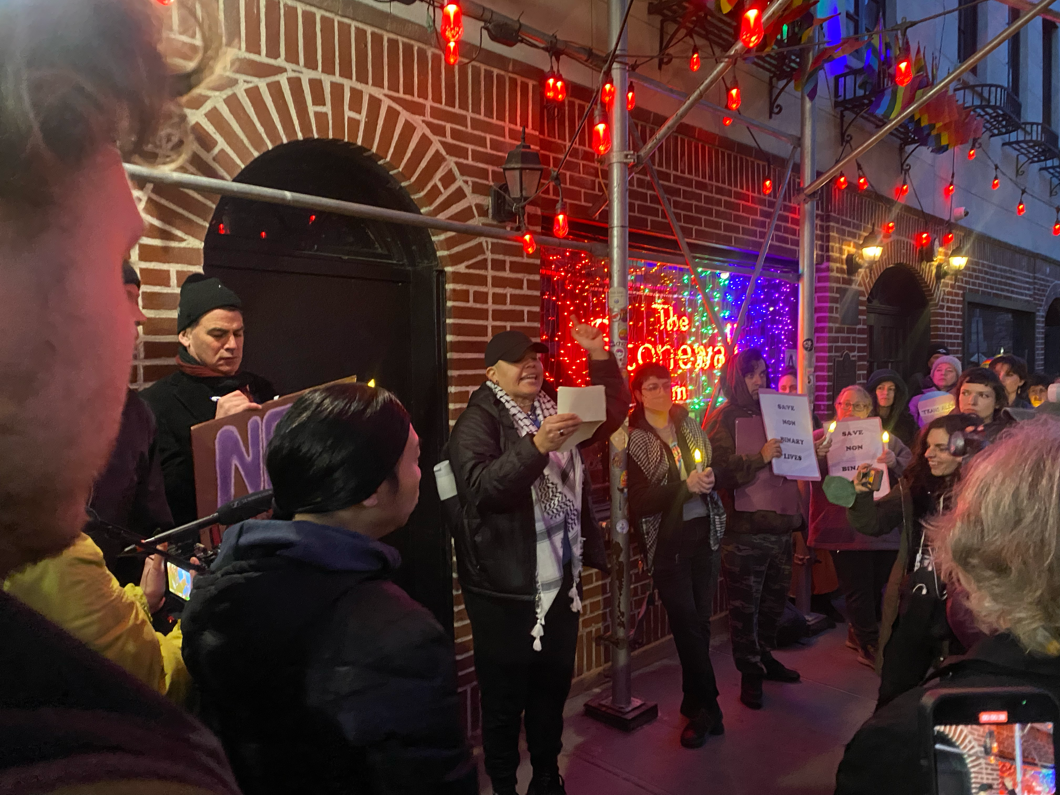 Nonbinary actor Sara Ramirez speaks at a candlelight vigil at the Stonewall Inn in the West Village on Monday to remember nonbinary Oklahoma teenager Nex Benedict