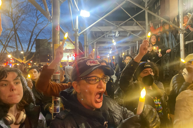 <p>Hundreds of New Yorkers gathered for a candlelight vigil at the Stonewall Inn in the West Village on Monday to remember nonbinary Oklahoma teenager Nex Benedict </p>