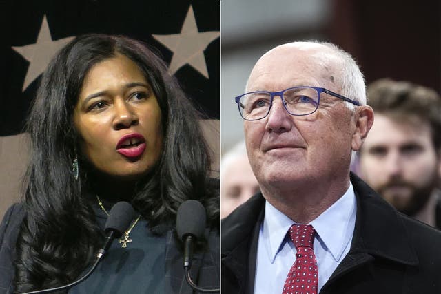 <p>Kristina Karamo, left, insists that she is still the chairwoman of the Michigan GOP, despite losing a leadership vote to Pete Hoekstra, right</p>