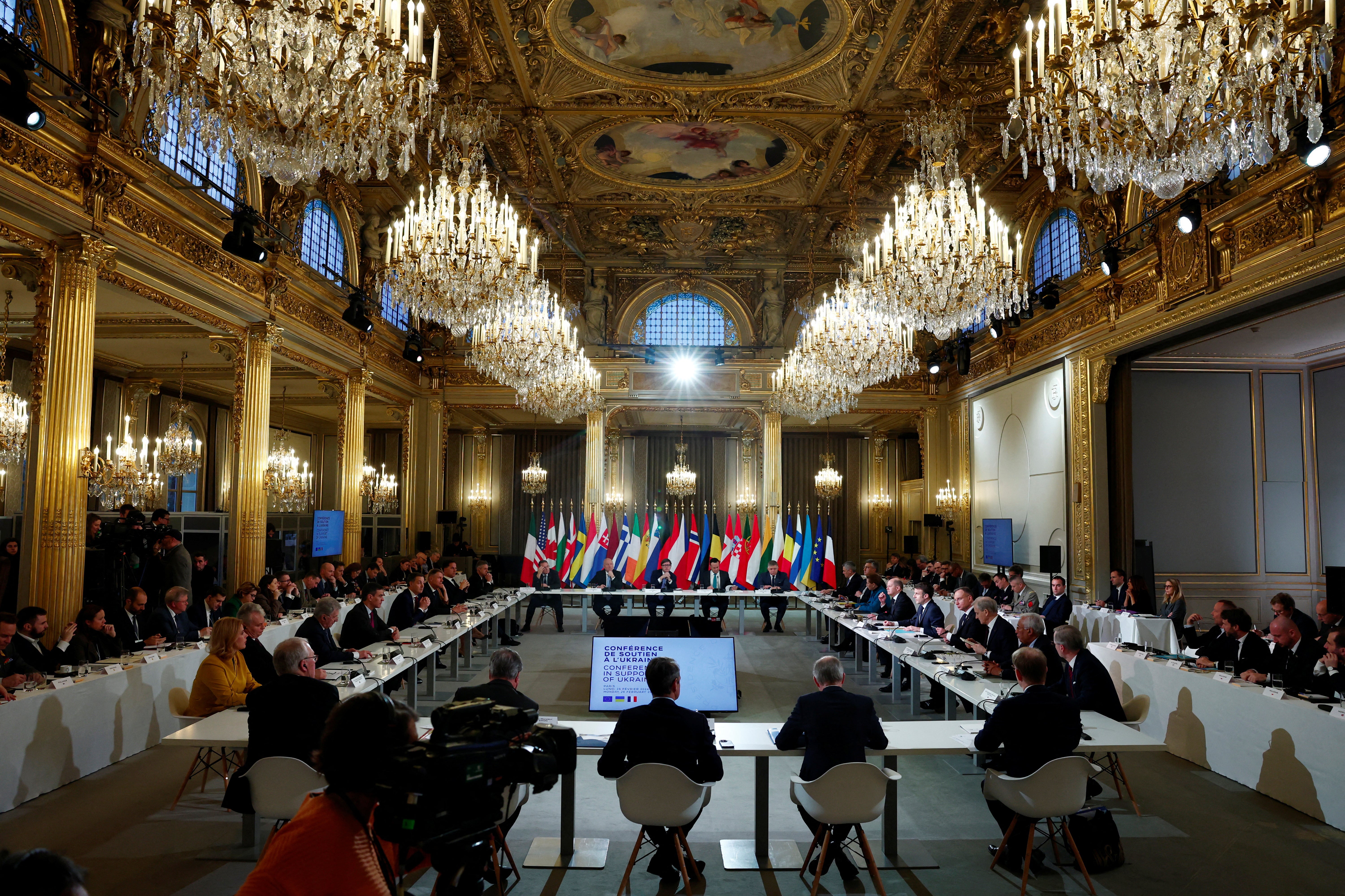 French president Emmanuel Macron delivers a speech to open a conference in support of Ukraine with European leaders in Paris on Monday 26 February