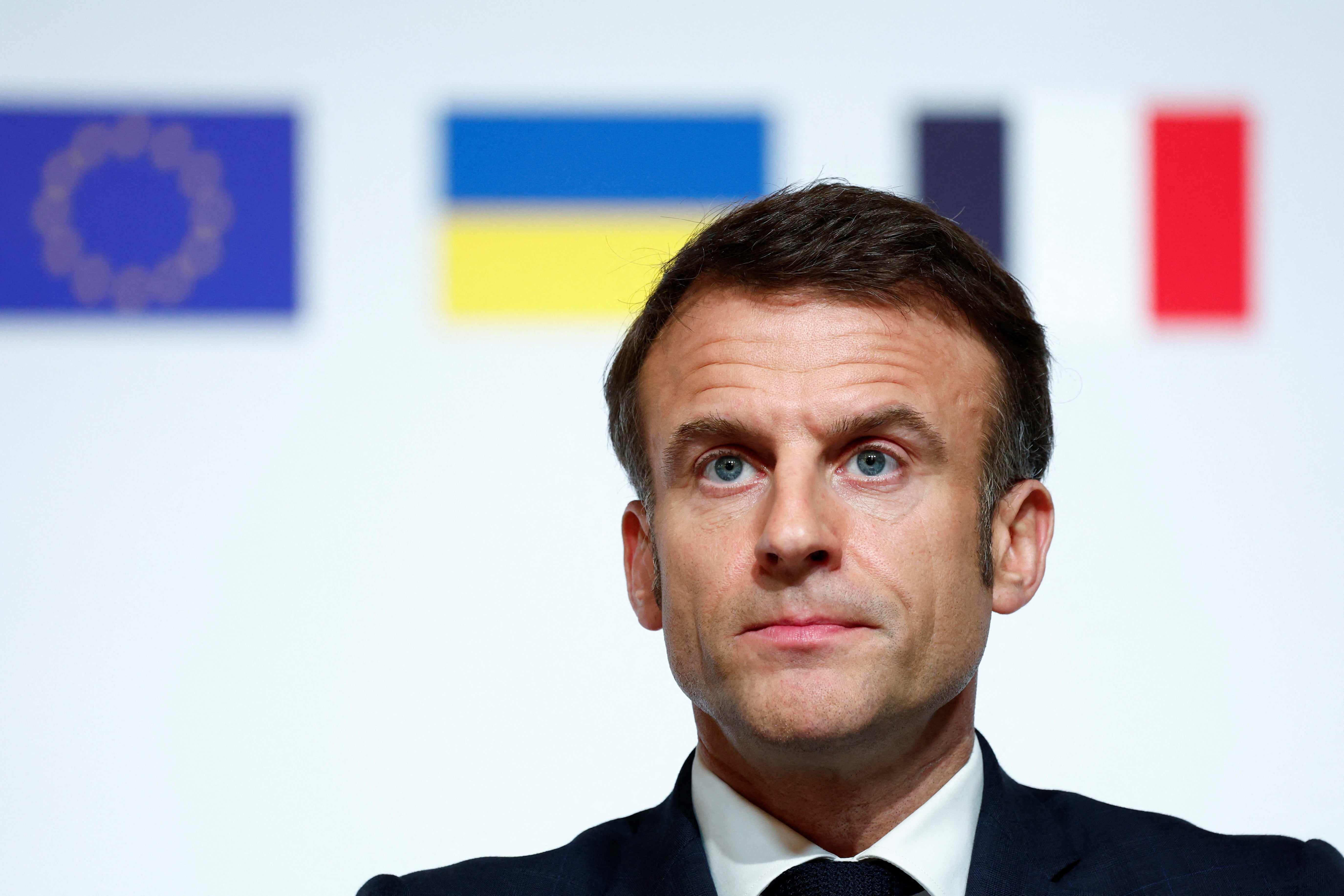 <p>French President Emmanuel Macron attends a press conference at the end of the meeting in support of Ukraine</p>