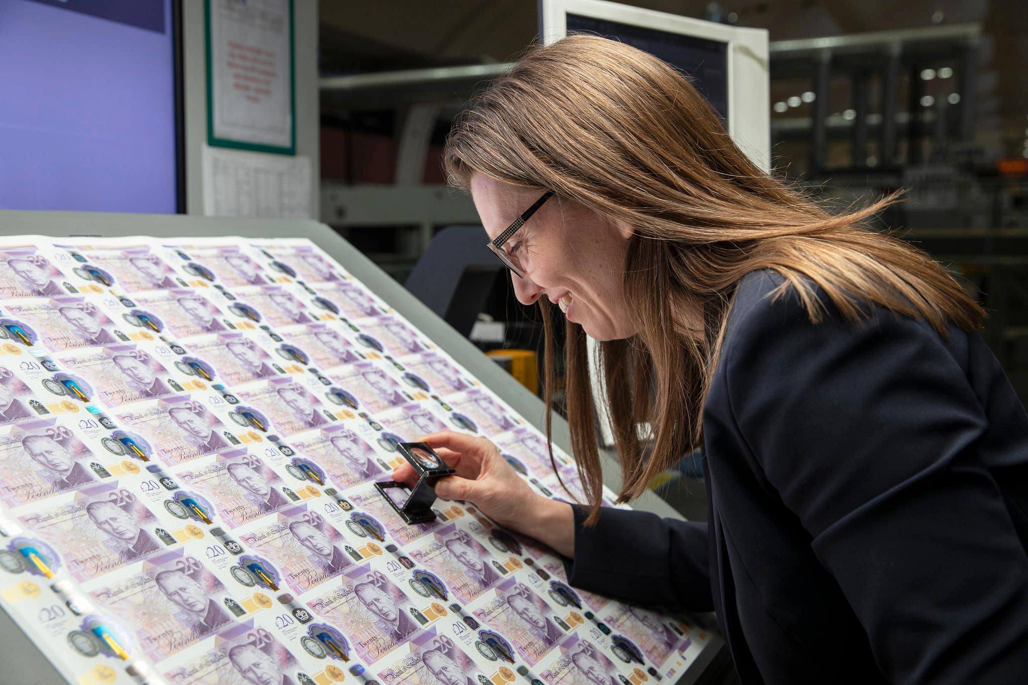 Sarah John, chief cashier and the production of the new King Charles III ?10 note (Bank of England/PA)