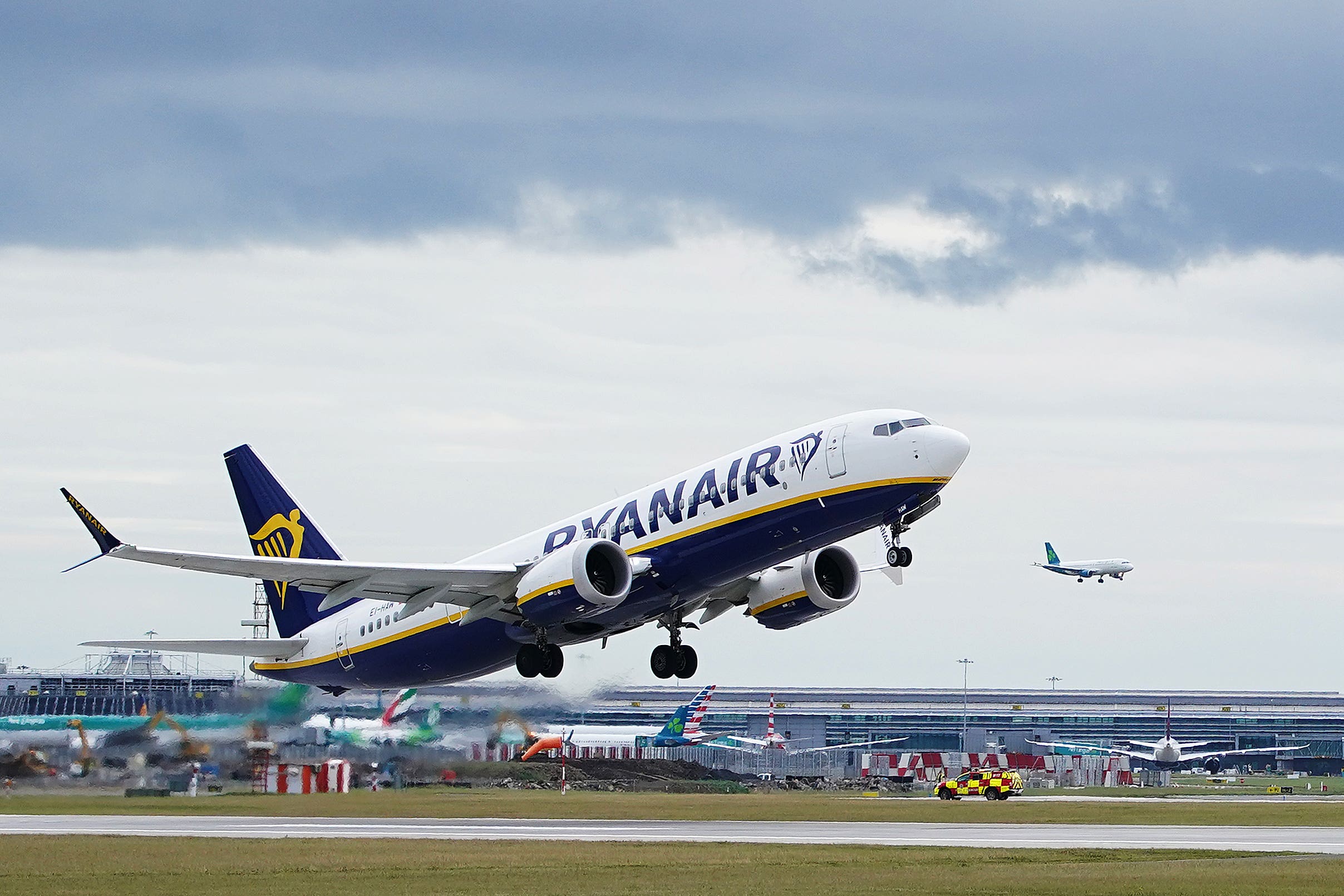A Ryanair plane lands at Dublin Airport