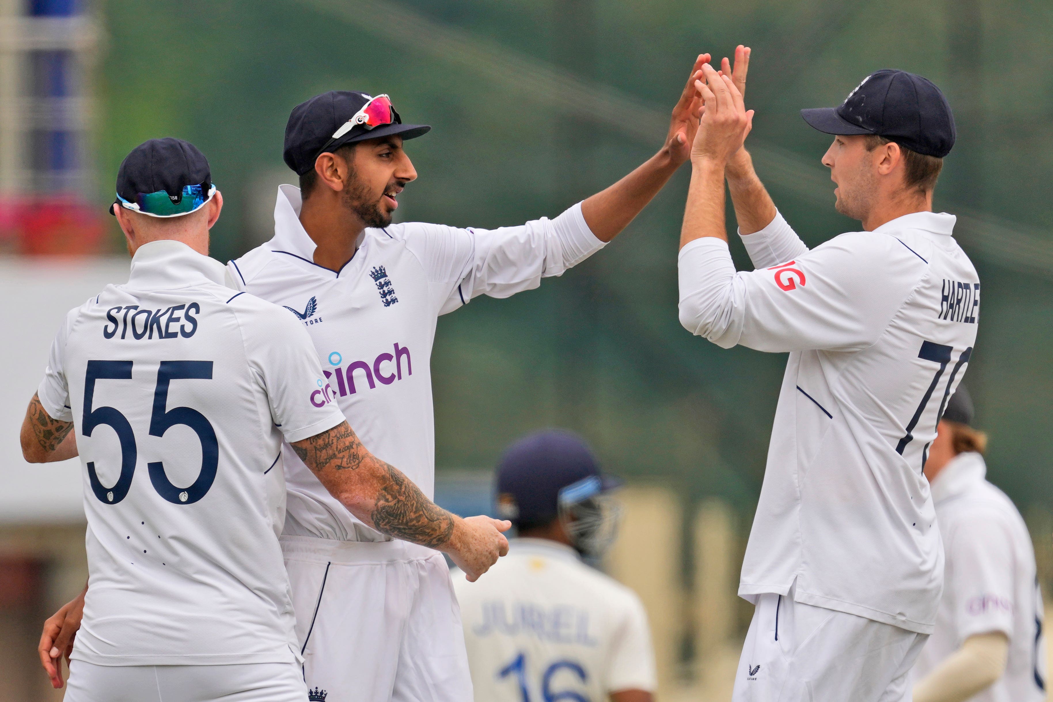 Spinners Tom Hartley, right, and Shoaib Bashir, centre, have been bright spots on a difficult tour