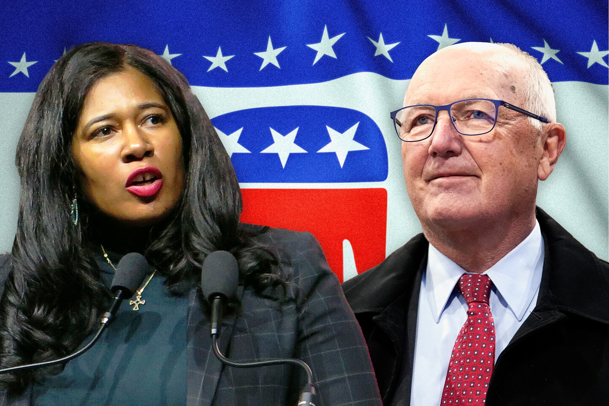 Kristina Karamo, left, insists that she is still the chairwoman of the Michigan GOP, despite losing a leadership vote to Pete Hoekstra, right