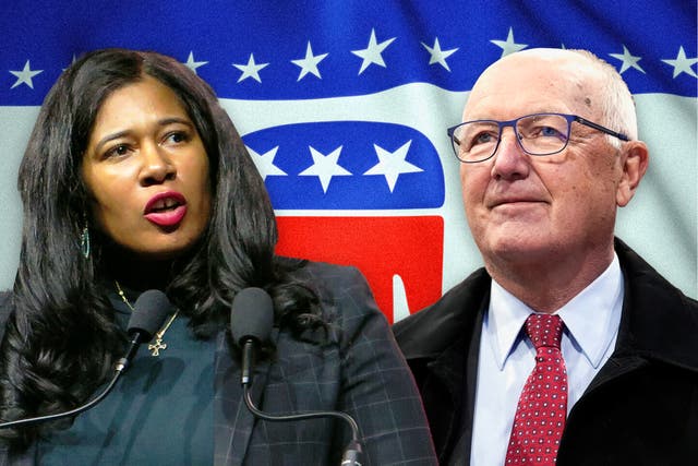 <p>Kristina Karamo, left, insists that she is still the chairwoman of the Michigan GOP, despite losing a leadership vote to Pete Hoekstra, right</p>