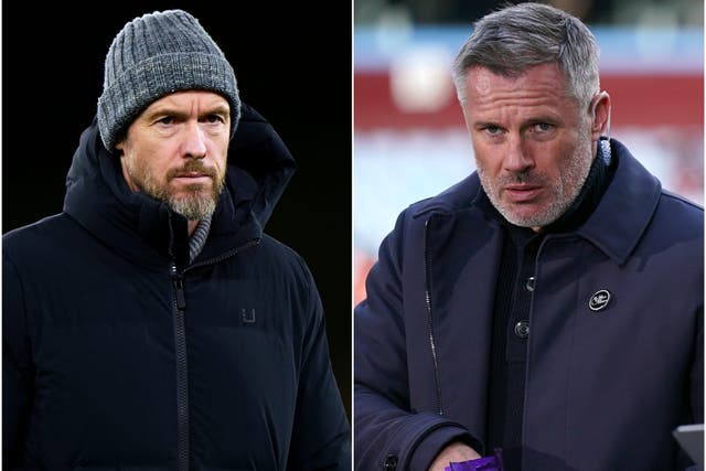 <p>Manchester United manager Erik ten Hag and Sky Sports’ Jamie Carragher</p>