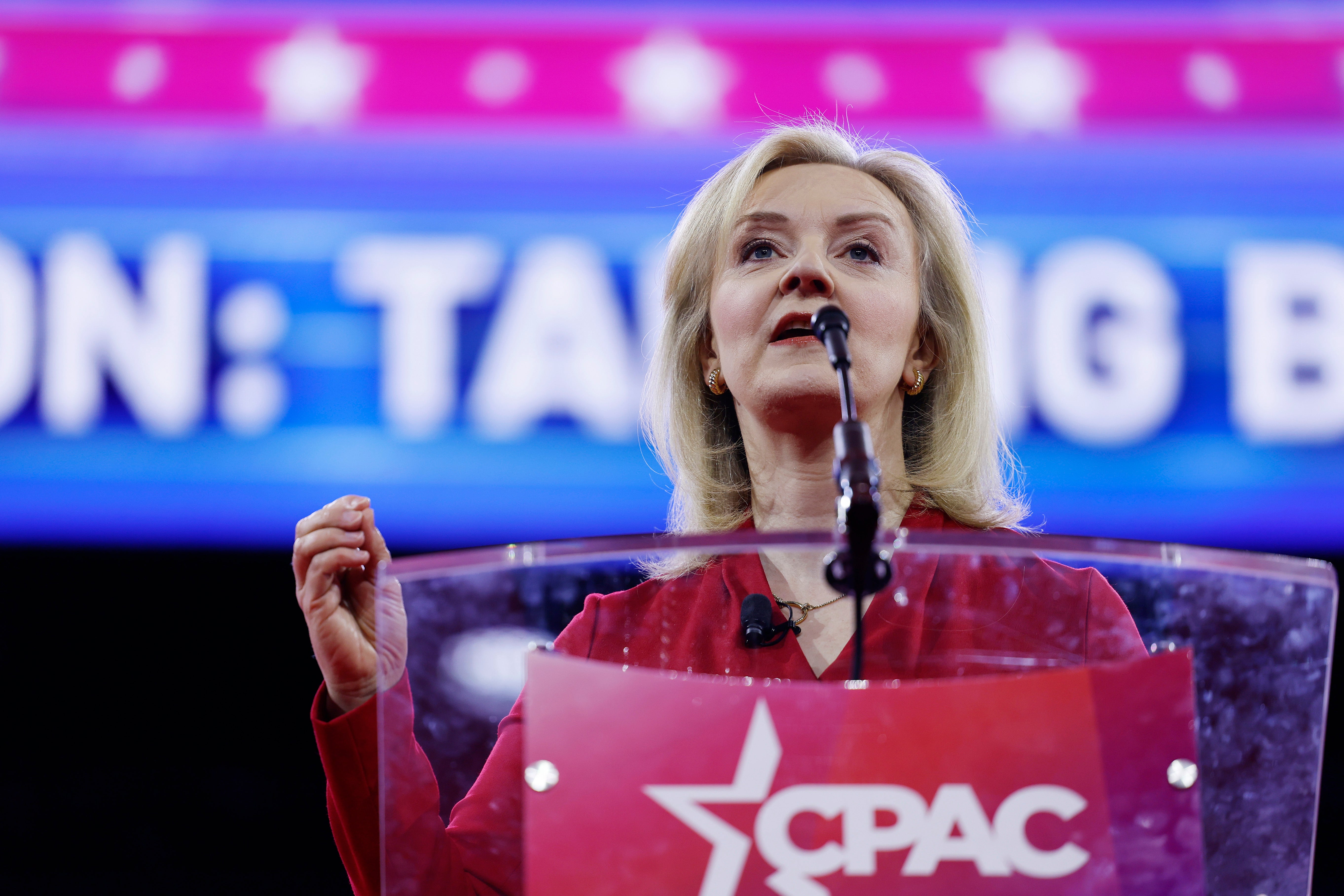 Former prime minister Liz Truss speaks during the Conservative Political Action Conference (CPAC) at Gaylord National Resort Hotel And Convention in Maryland, US