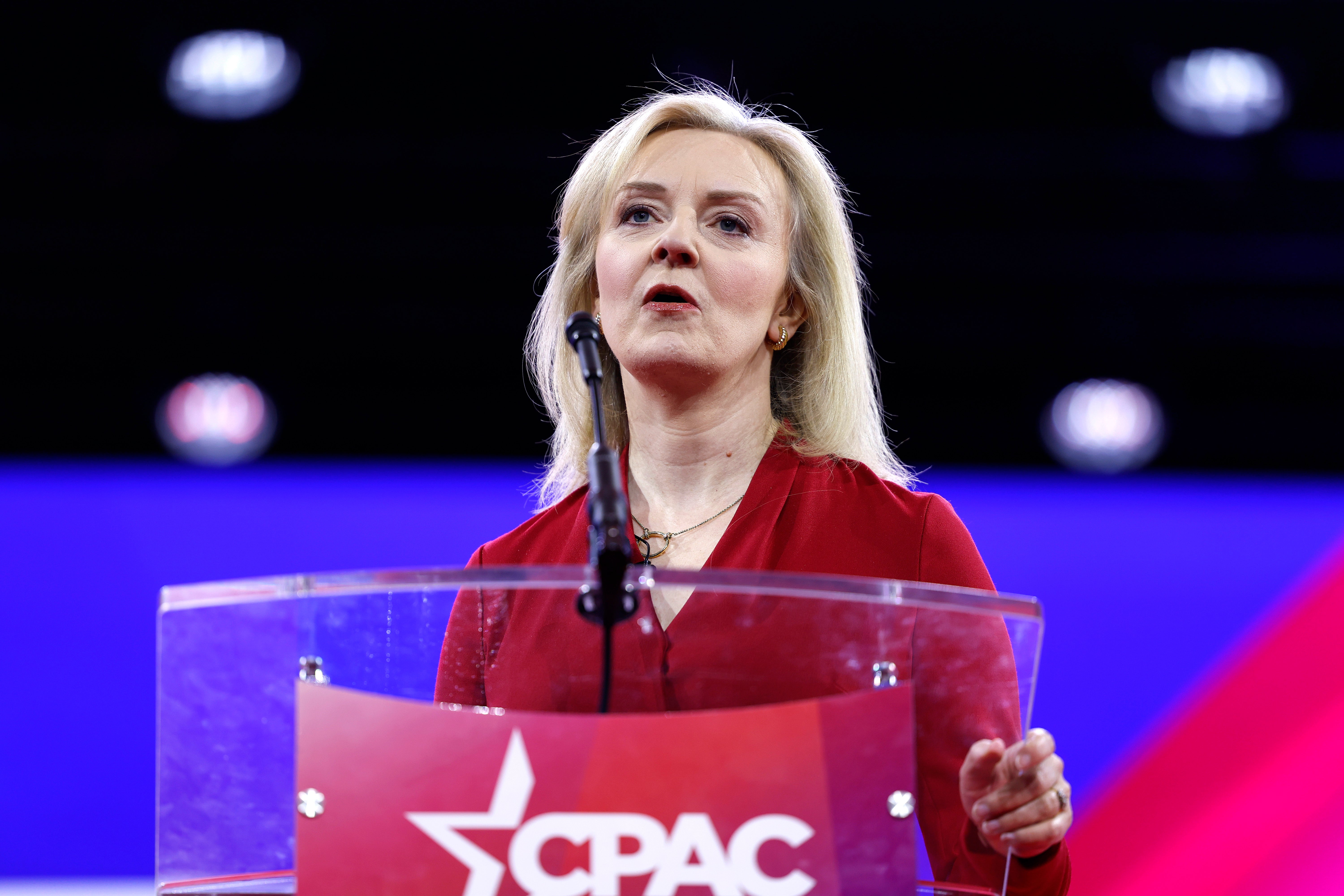 Liz Truss speaking at the Conservative Political Action Conference (CPAC) in February