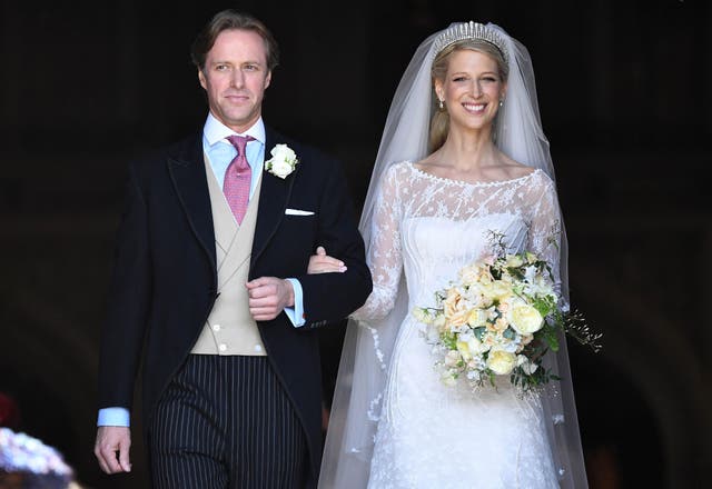 <p>Lady Gabriella Windsor and Thomas Kingston leave after marrying in St George's Chapel </p>