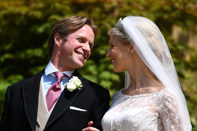 <p>Lady Gabriella Kingston and Thomas Kingston leaving St George’s Chapel in Windsor Castle, following their wedding </p>