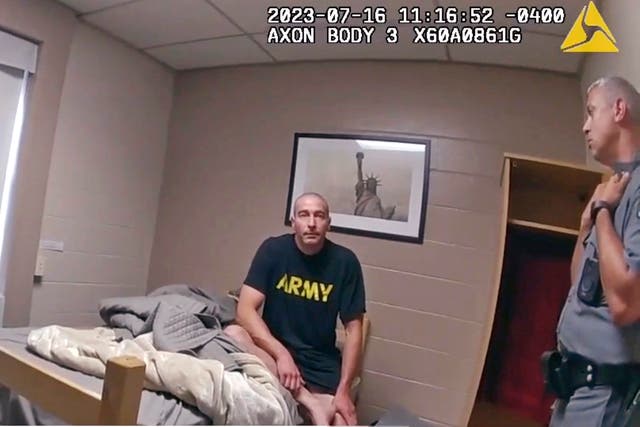 <p>In this image taken from New York State Police body camera video that was obtained by WMTW-TV 8 in Portland, Maine, New York State police interview Army Reservist Robert Card, the man responsible for Maine's deadliest mass shooting, at Camp Smith in Cortlandt, New York on 16 July 2023 </p>