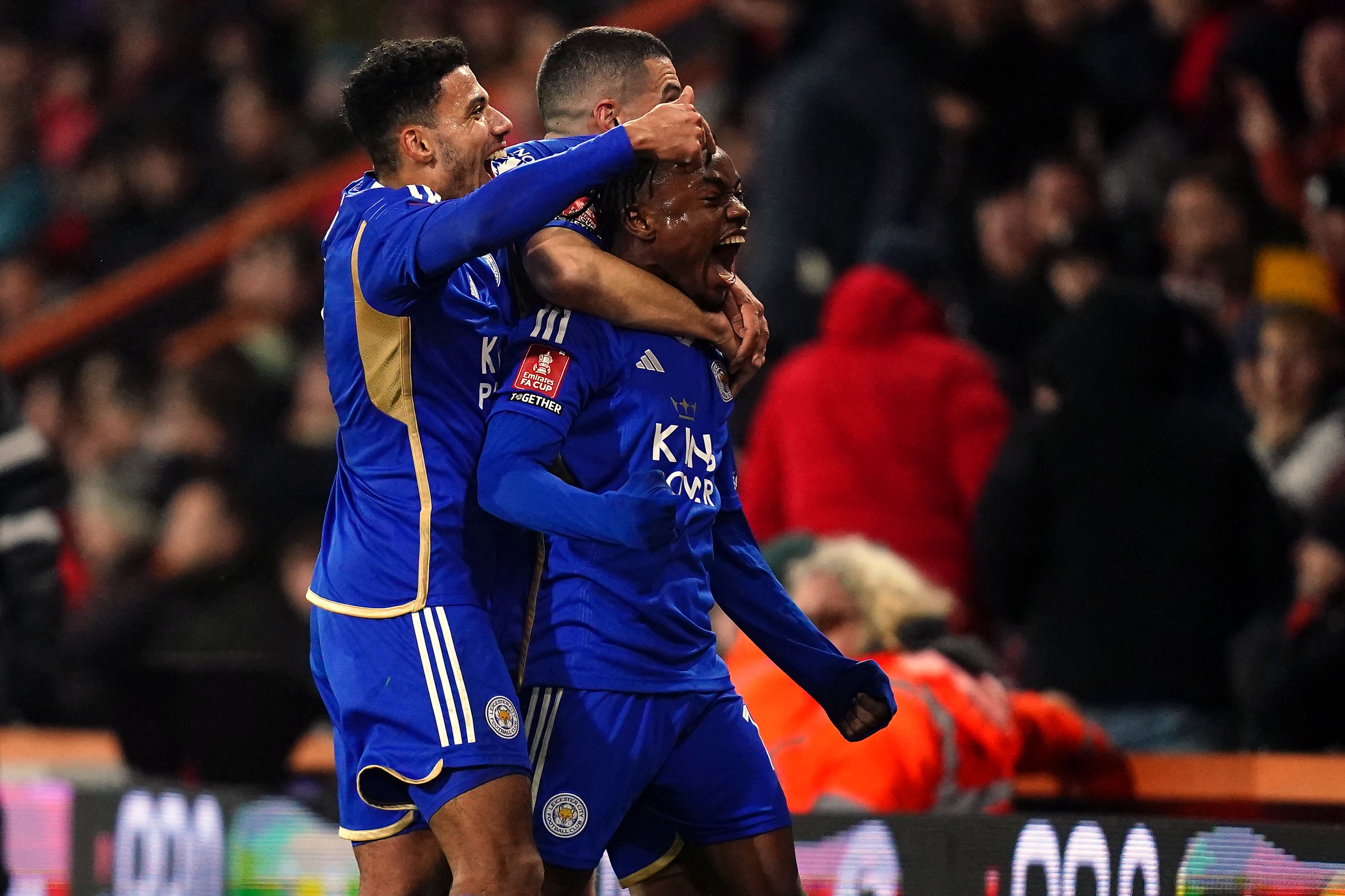 Abdul Fatawu celebrates scoring Leicester’s winner (John Walton/PA)