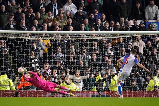 <p>Martin Dubravka saves a penalty from Blackburn's Dominic Hyam </p>