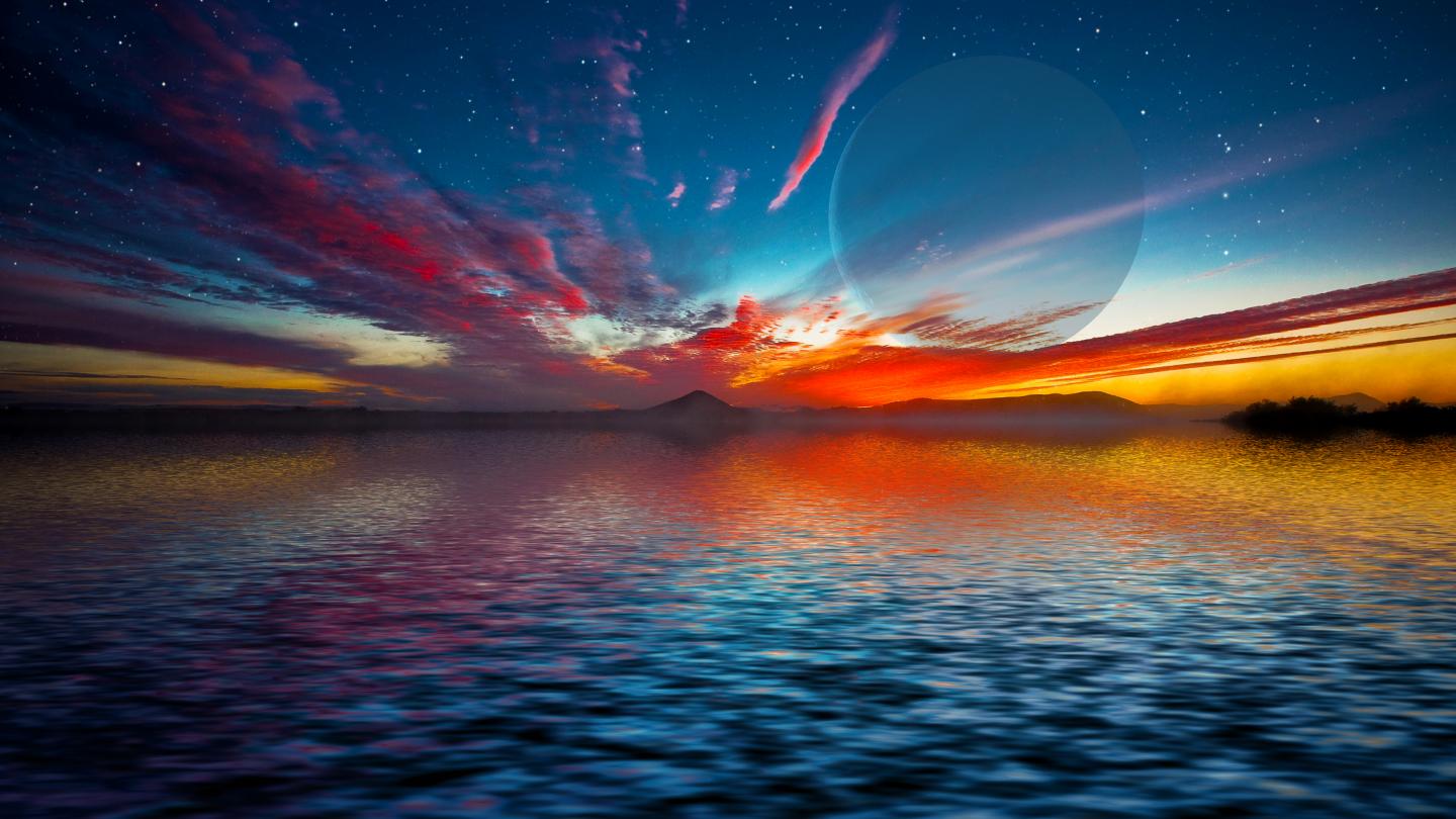 <p>Artist’s depiction shows a gas giant planet rising over the horizon of an alien waterworld</p>