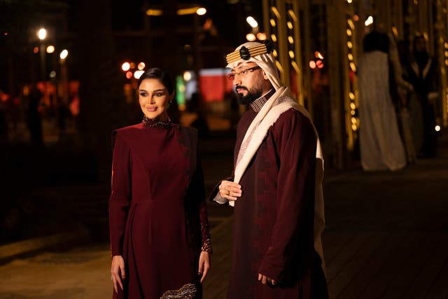 Saudi entrepreneur Mariam Mohammed and influencer Ibrahim Basha are wearing a collaboration between designer Nour Al Dhahri, and menswear brand Noble and Fresh inspired by Salwa’s Palace, one of many cultural landmarks in the Kingdom