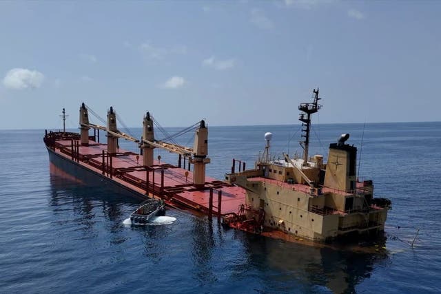 <p>The British-registered cargo vessel, Rubymar, sinking after being damaged in a missile attack by the Houthis in the Red Sea off the coast of Yemen</p>