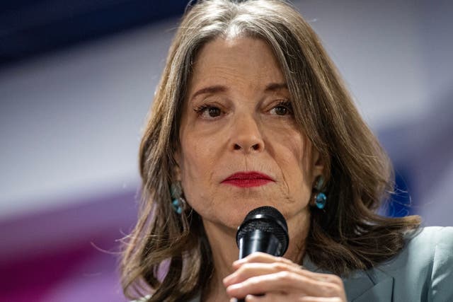 <p>US Democratic presidential hopeful Marianne Williamson speaks during a campaign event at Teatotaller cafe in Concord, New Hampshire, on 17 January 2024</p>
