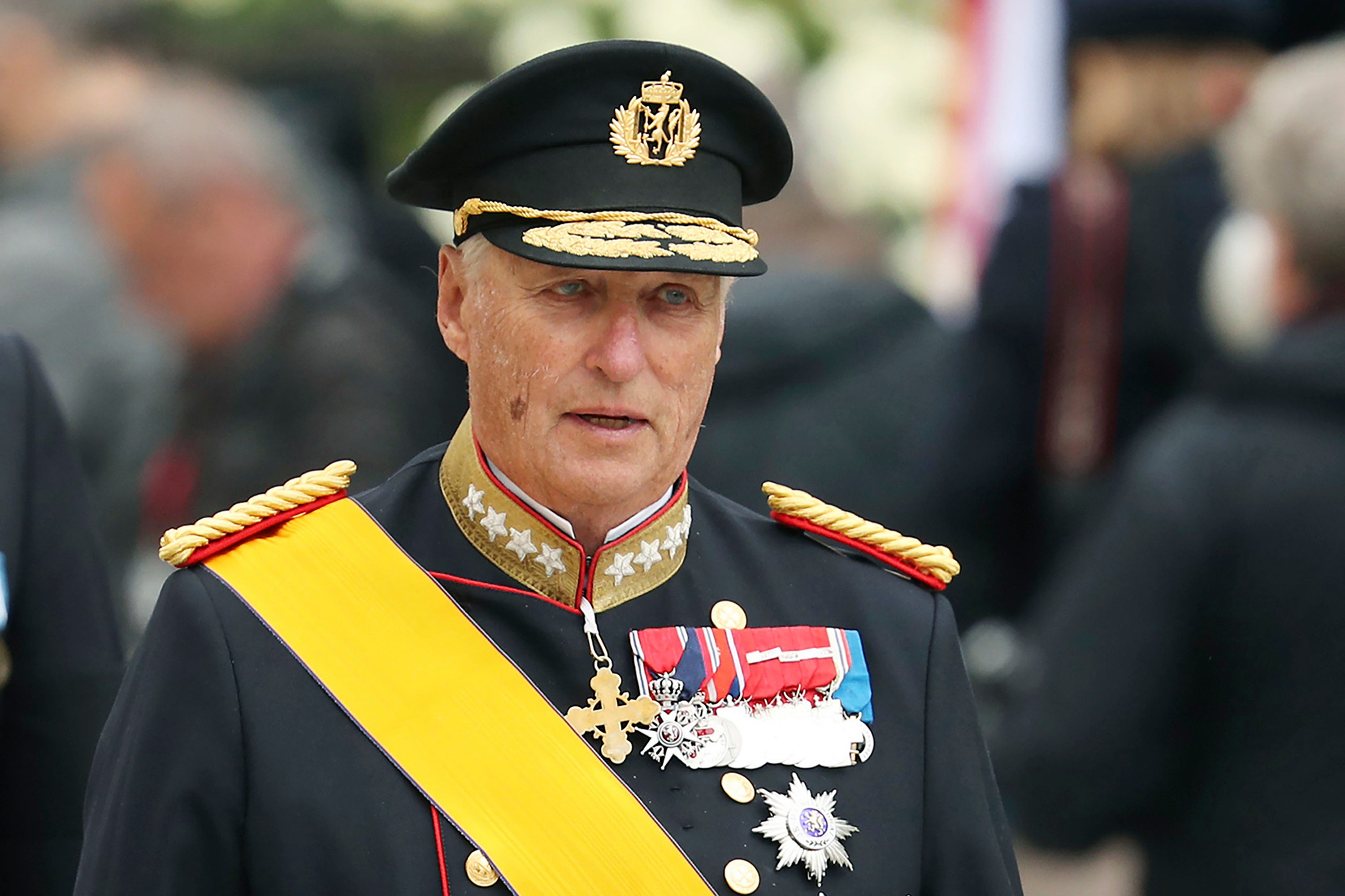 FILE - King Harald V of Norway leaves the Notre Dame cathedral after attending at the funeral of the Grand Duke Jean of Luxembourg