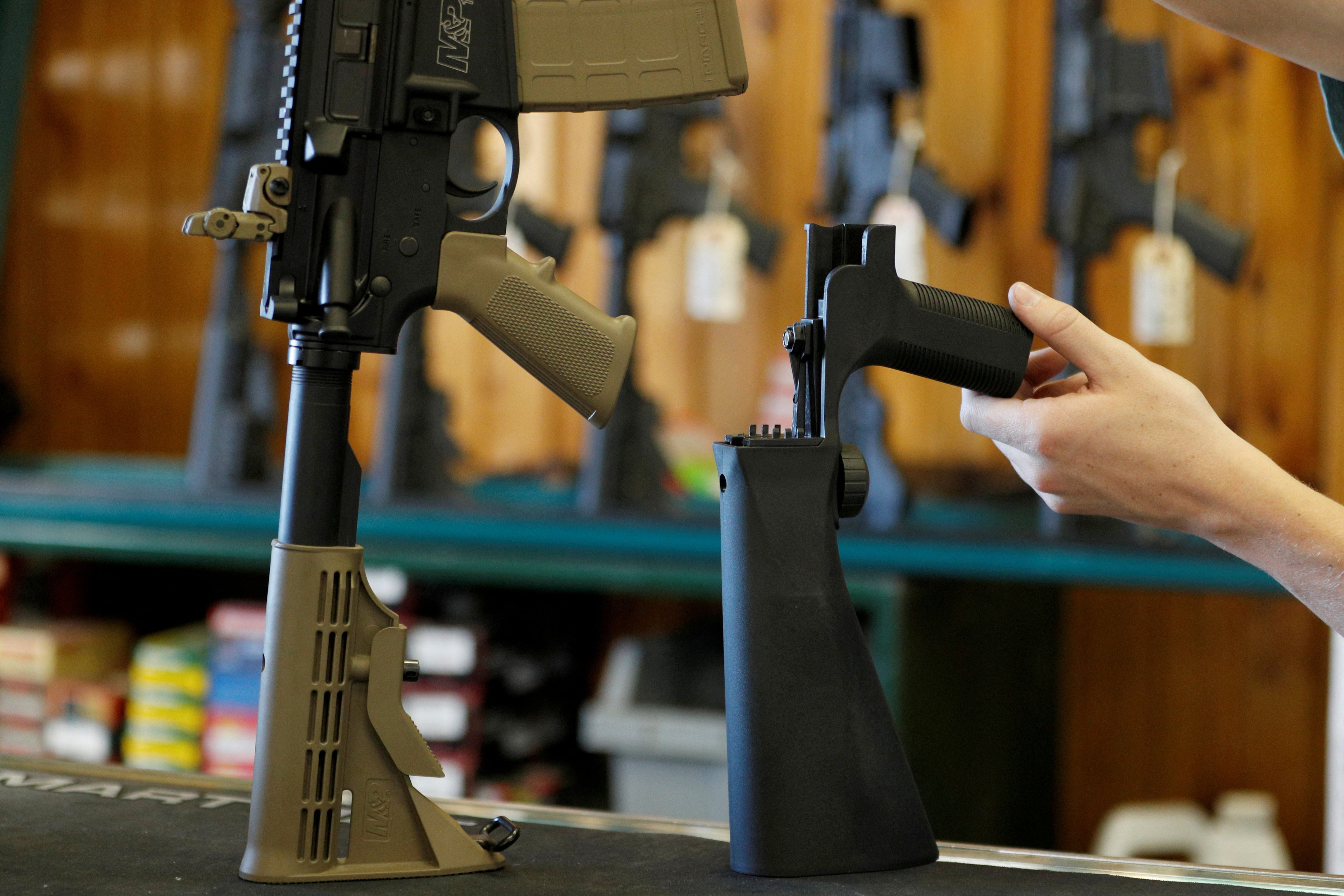 A bump fire stock that attaches to a semi-automatic rifle to increase the firing rate is seen at Good Guys Gun Shop on October 4, 2017