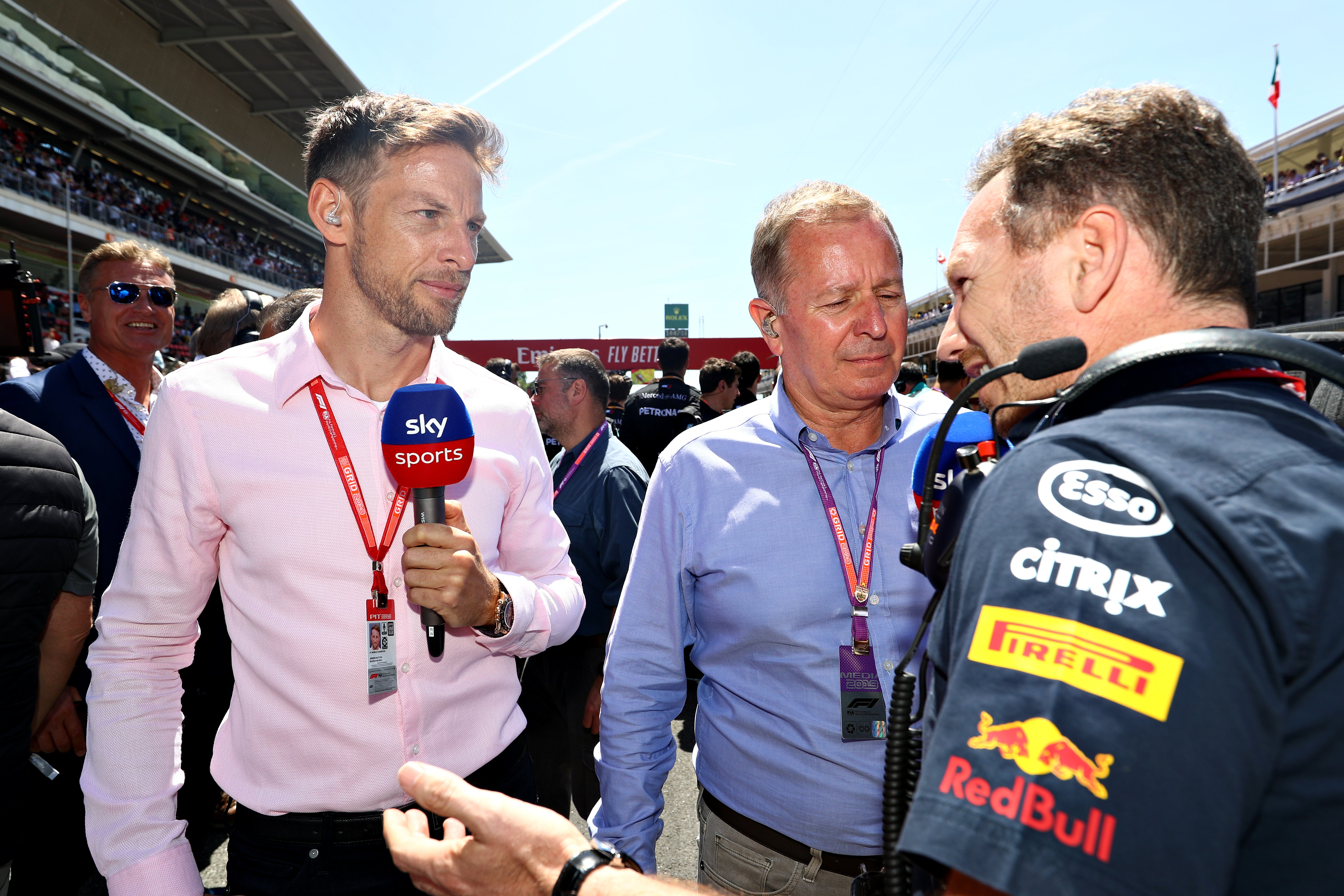 Martin Brundle, centre, and Jenson Button interviewing Christian Horner, right
