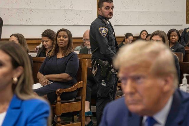 <p>New York Attorney General Letitia James watches Donald Trump at his civil fraud trial in New York on  25 October, 2023. </p>