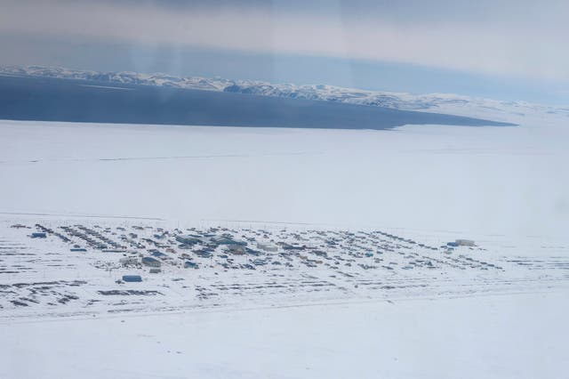 <p>An aerial view of the northwest Alaska village of Point Hope, on the Chukchi Sea, on 13 May 2023 </p>