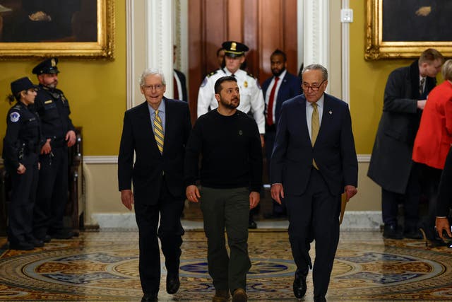 <p>Senate Minority Leader Mitch McConnell (R-KY) (L) has been a major partner with Senate Majority Leader Charles Schumer (D-NY) in supporting Ukrainian President Volodymyr Zelensky (C) (Photo by Anna Moneymaker/Getty Images) </p>