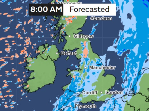On Thursday morning, a band of rain can be seen over Southwest England and parts of Wales (in blue) while there’s some possibility of hail in some areas in the north (in orange)