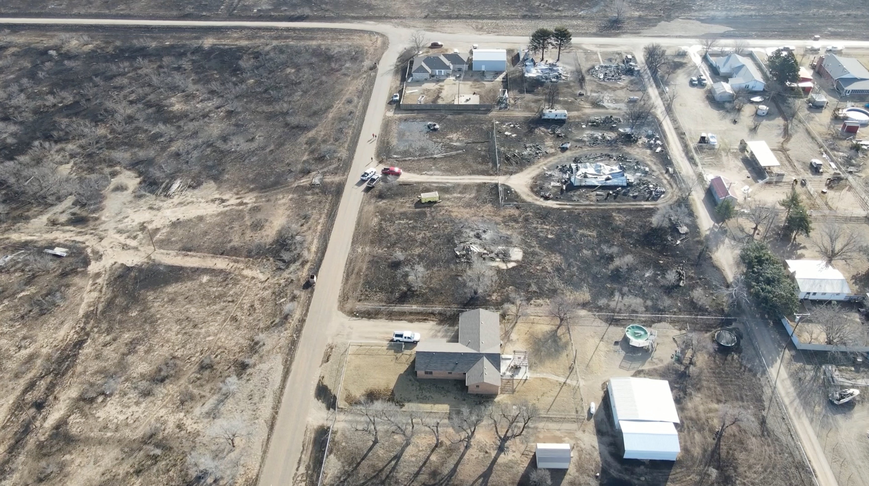 Aerial footage of Stinnett, Texas after wildfires ravaged the town